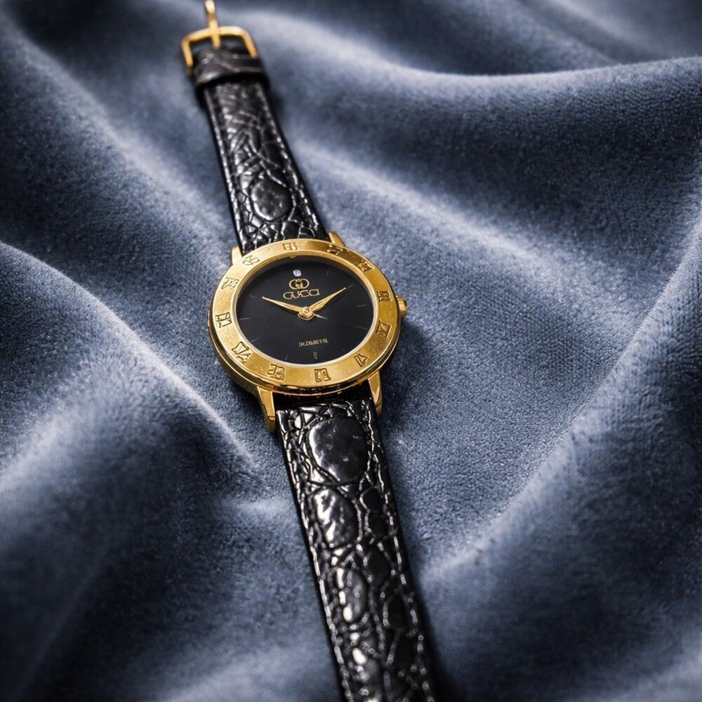 Gucci Diamond 3000L Gold PL Black Leather women watch Vintage - Picture 8 of 16